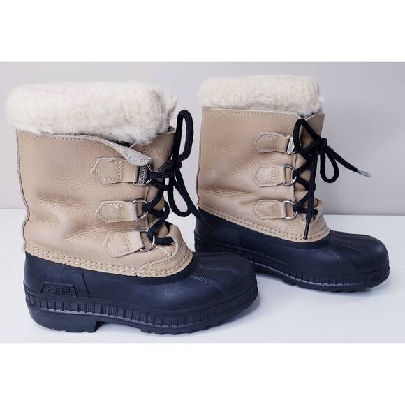 SOREL Kid's Size 2 Insulated Waterproof Winter Snow Boots Leather Rubber Beige - Picture 5 of 16